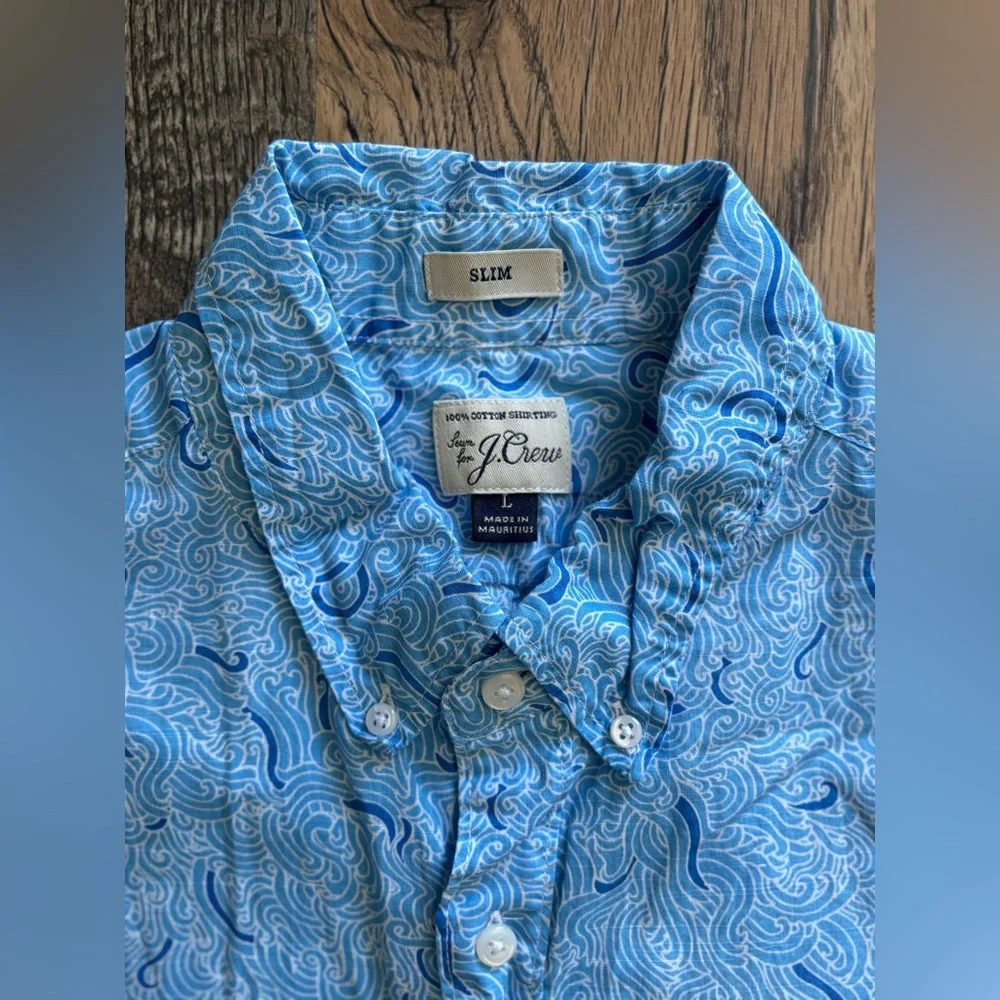 J. Crew Slim Large Blue White Pattern Short Sleeve Cotton Pocket Button Shirt - Picture 3 of 10